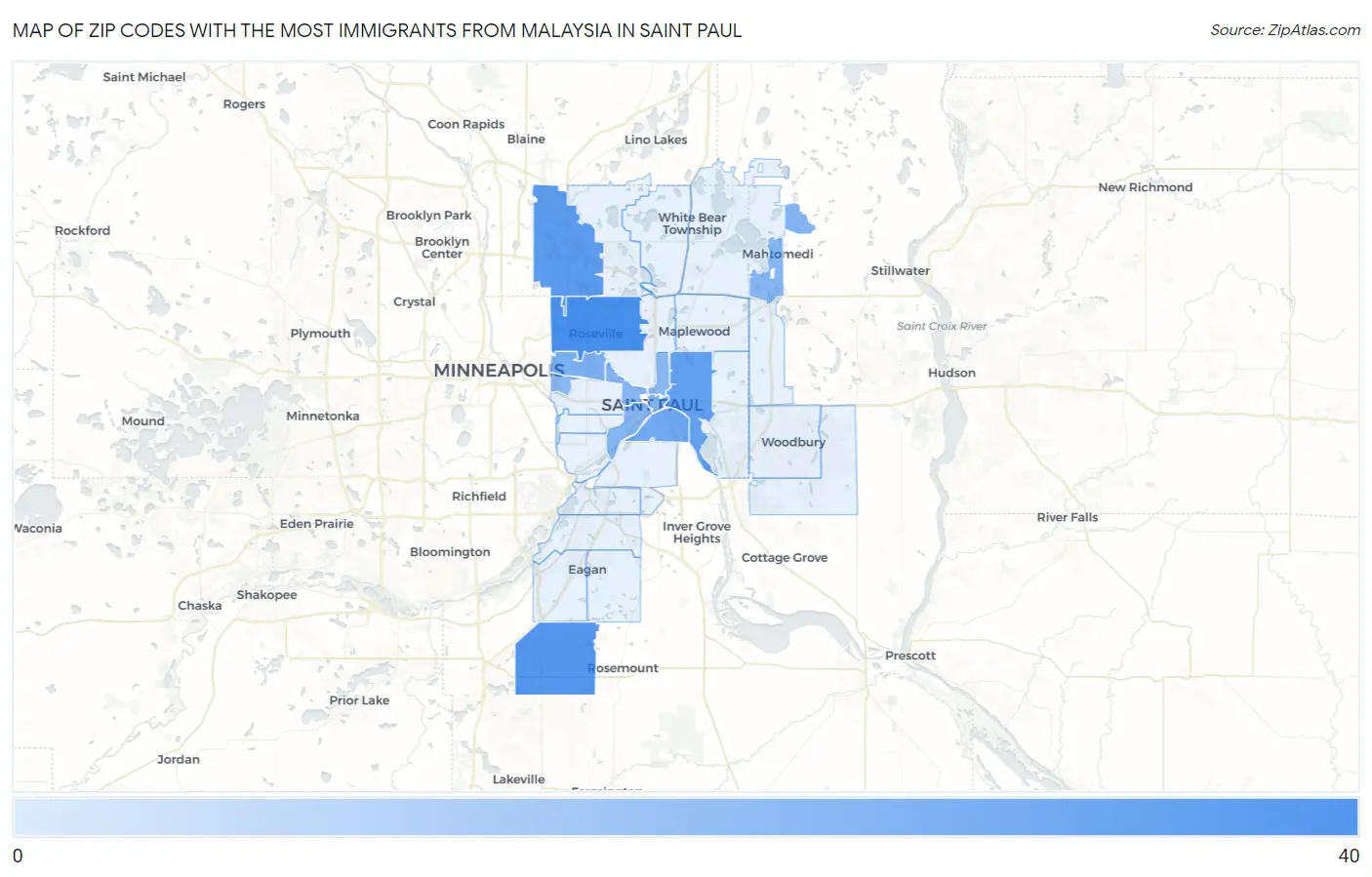 Zip Codes with the Most Immigrants from Malaysia in Saint Paul Map