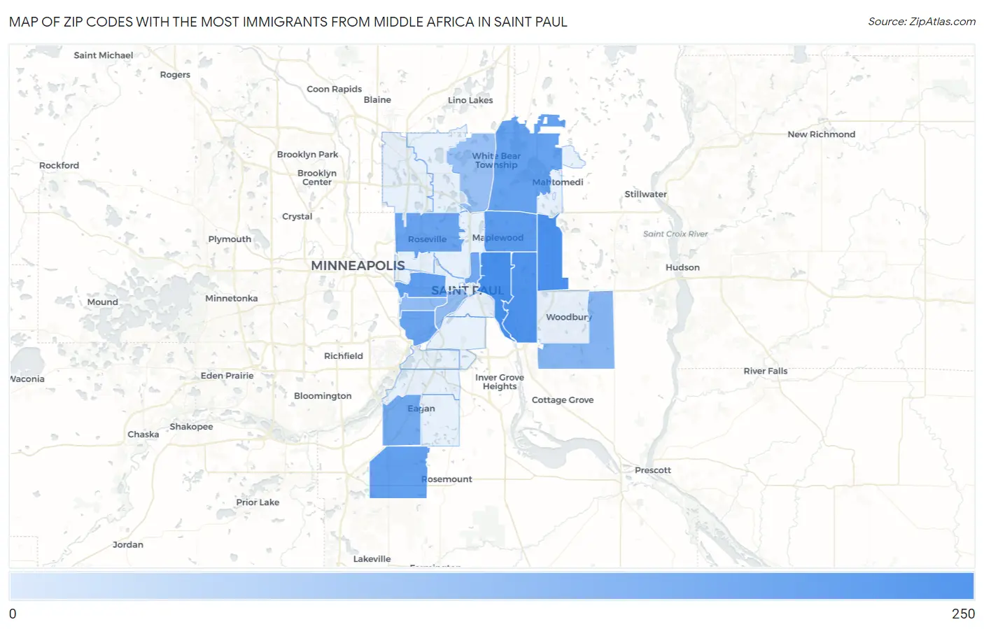 Zip Codes with the Most Immigrants from Middle Africa in Saint Paul Map