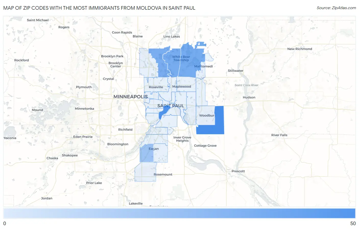 Zip Codes with the Most Immigrants from Moldova in Saint Paul Map