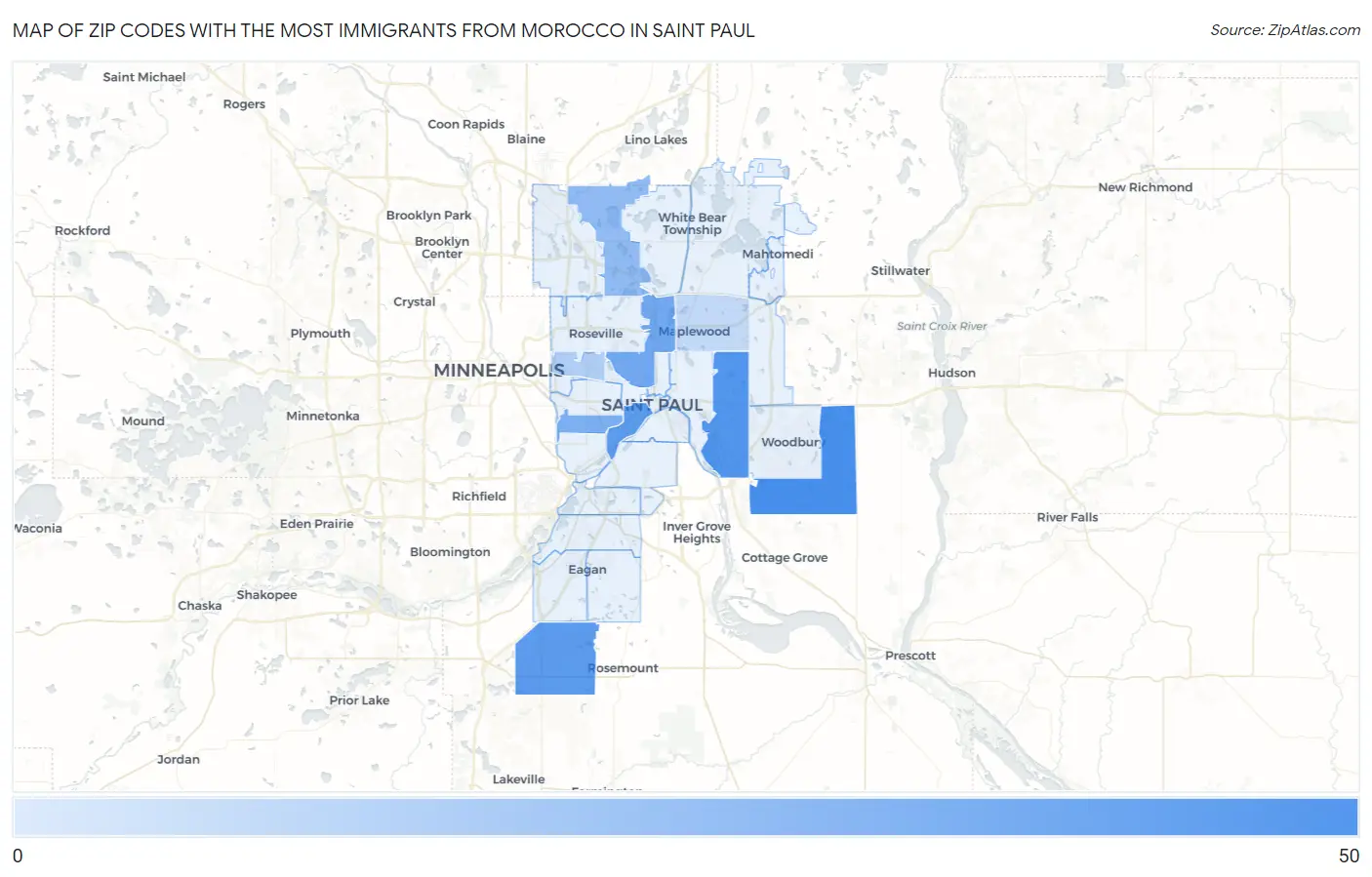 Zip Codes with the Most Immigrants from Morocco in Saint Paul Map