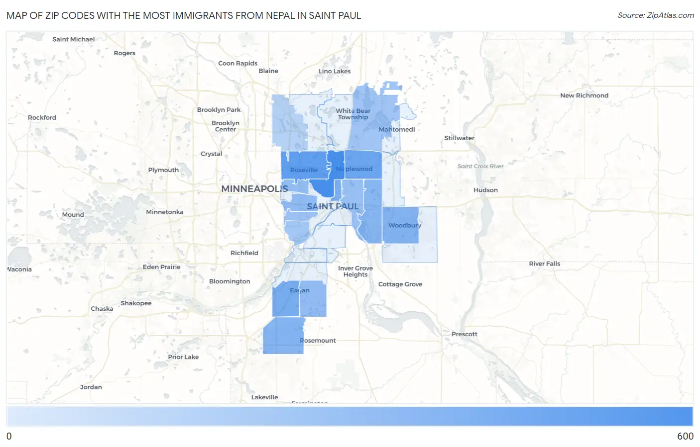 Zip Codes with the Most Immigrants from Nepal in Saint Paul Map