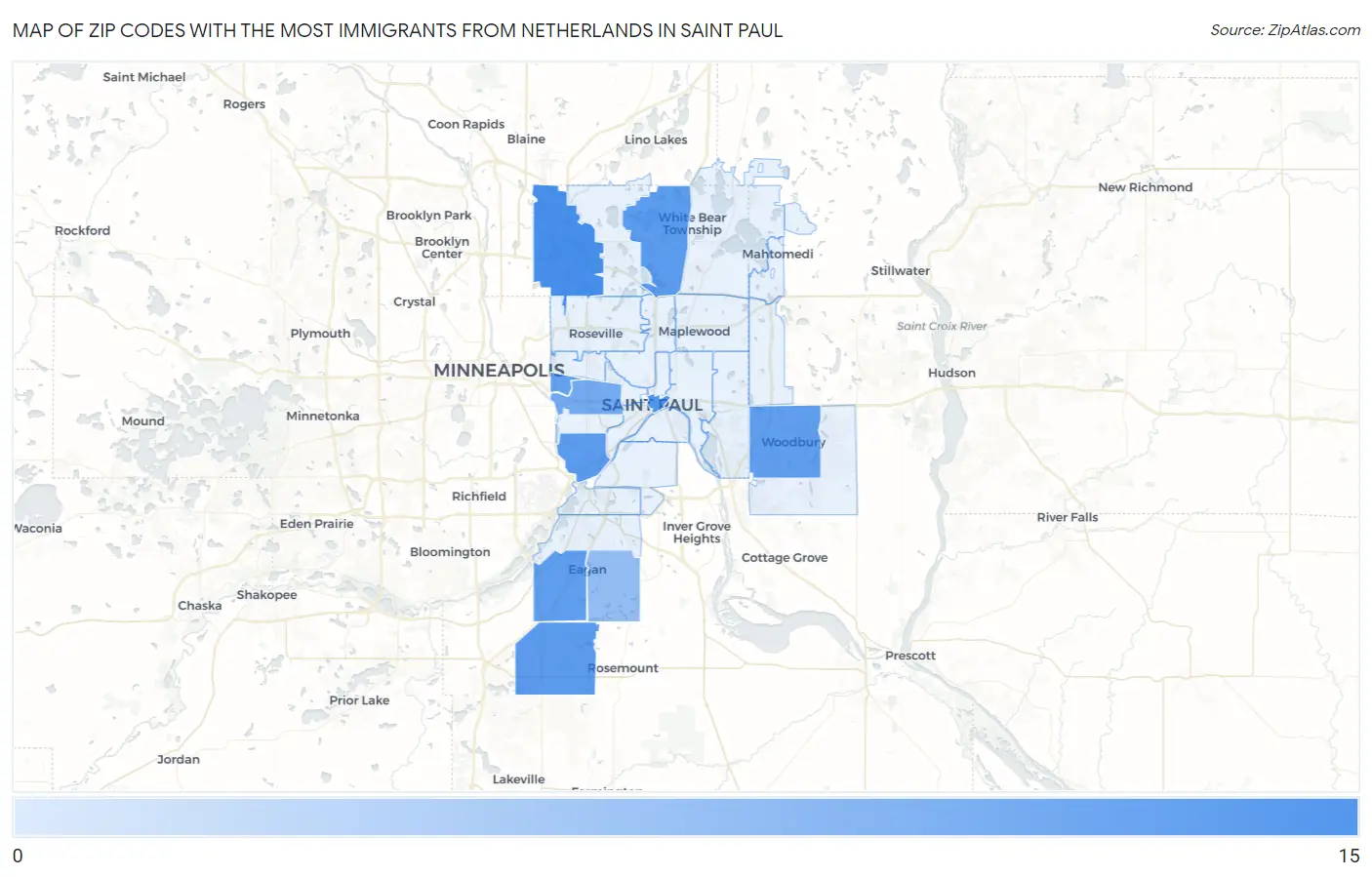 Zip Codes with the Most Immigrants from Netherlands in Saint Paul Map