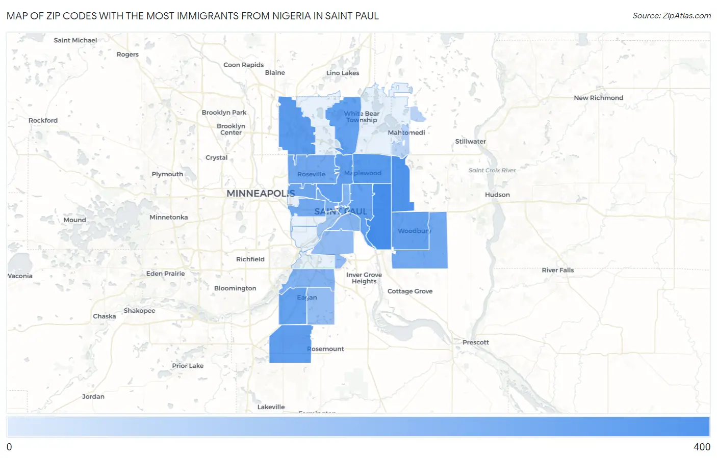 Zip Codes with the Most Immigrants from Nigeria in Saint Paul Map