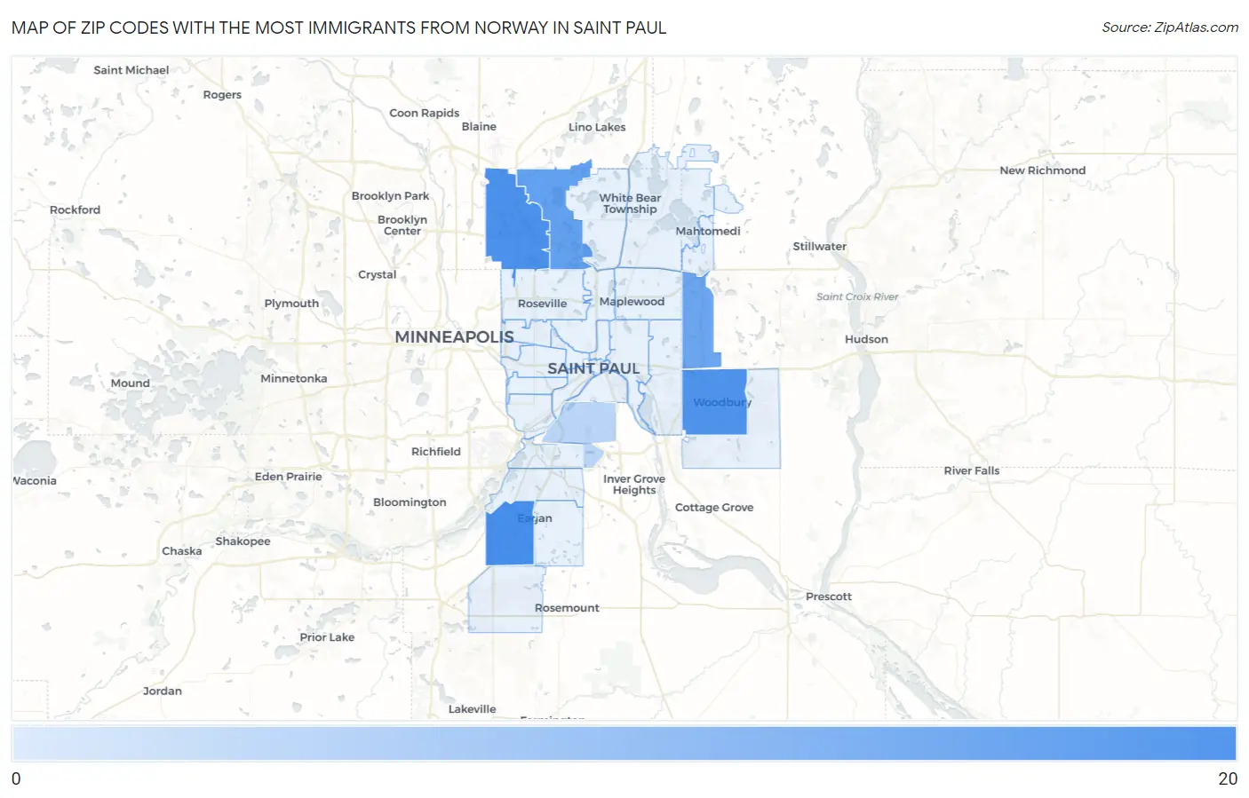 Zip Codes with the Most Immigrants from Norway in Saint Paul Map