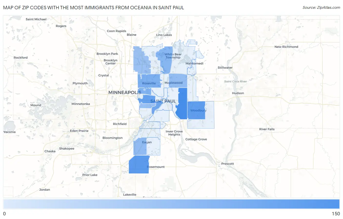 Zip Codes with the Most Immigrants from Oceania in Saint Paul Map