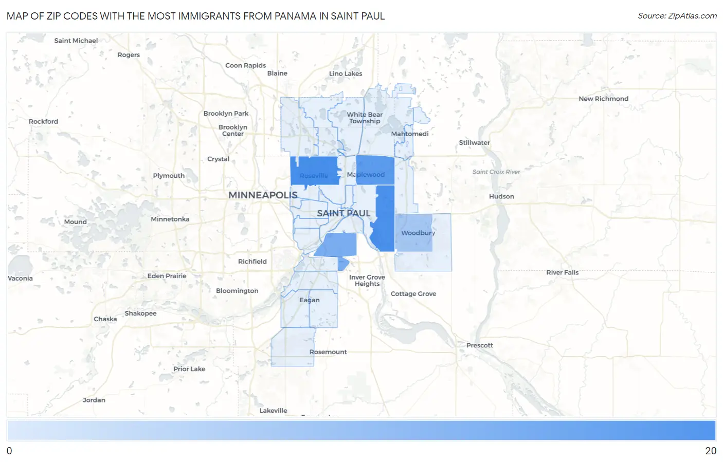 Zip Codes with the Most Immigrants from Panama in Saint Paul Map