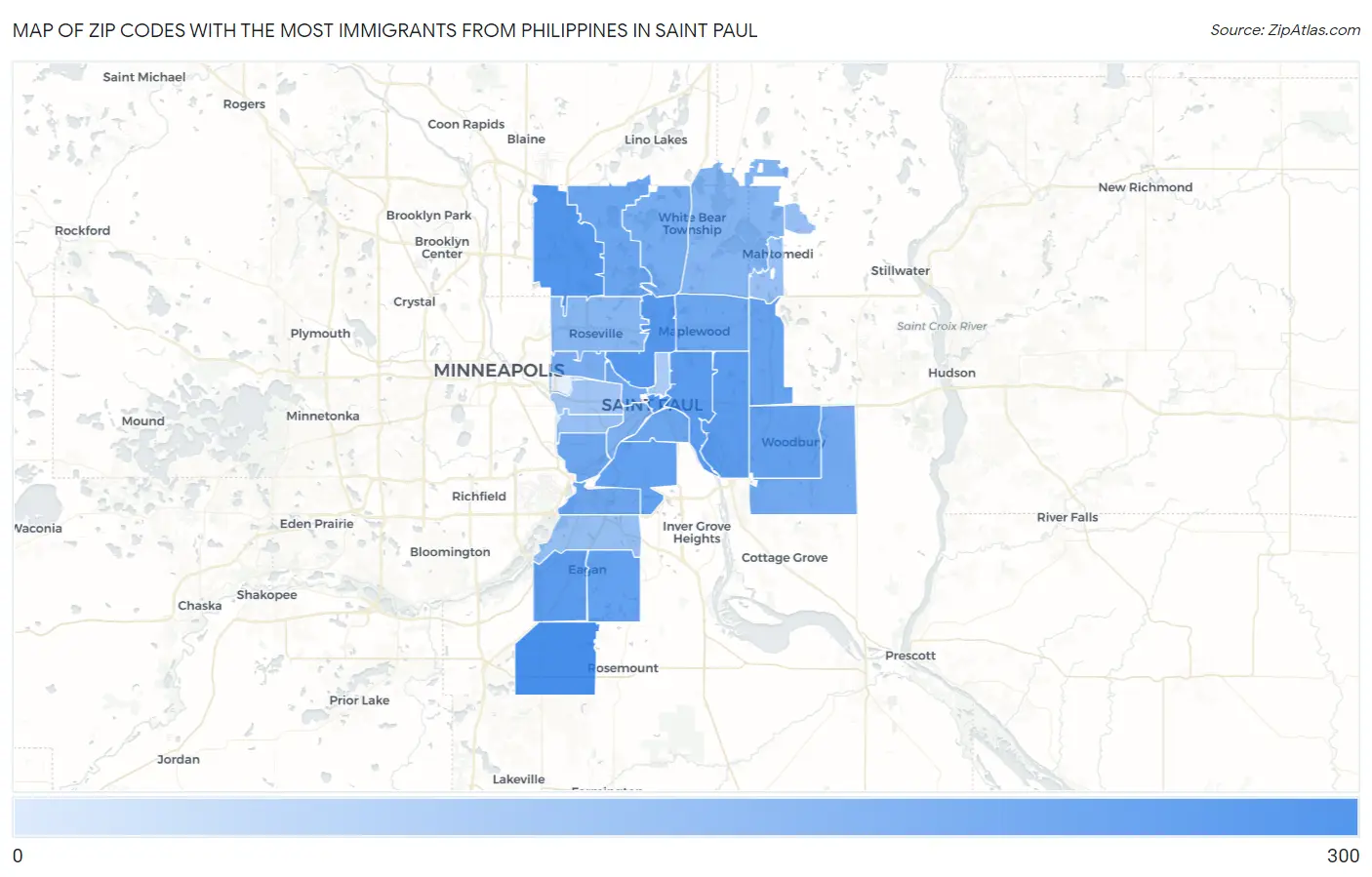 Zip Codes with the Most Immigrants from Philippines in Saint Paul Map