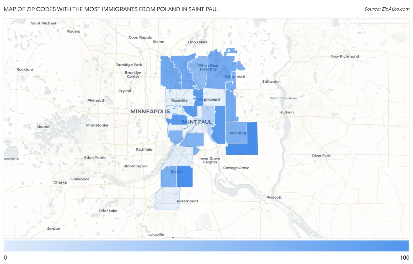 Zip Codes with the Most Immigrants from Poland in Saint Paul Map