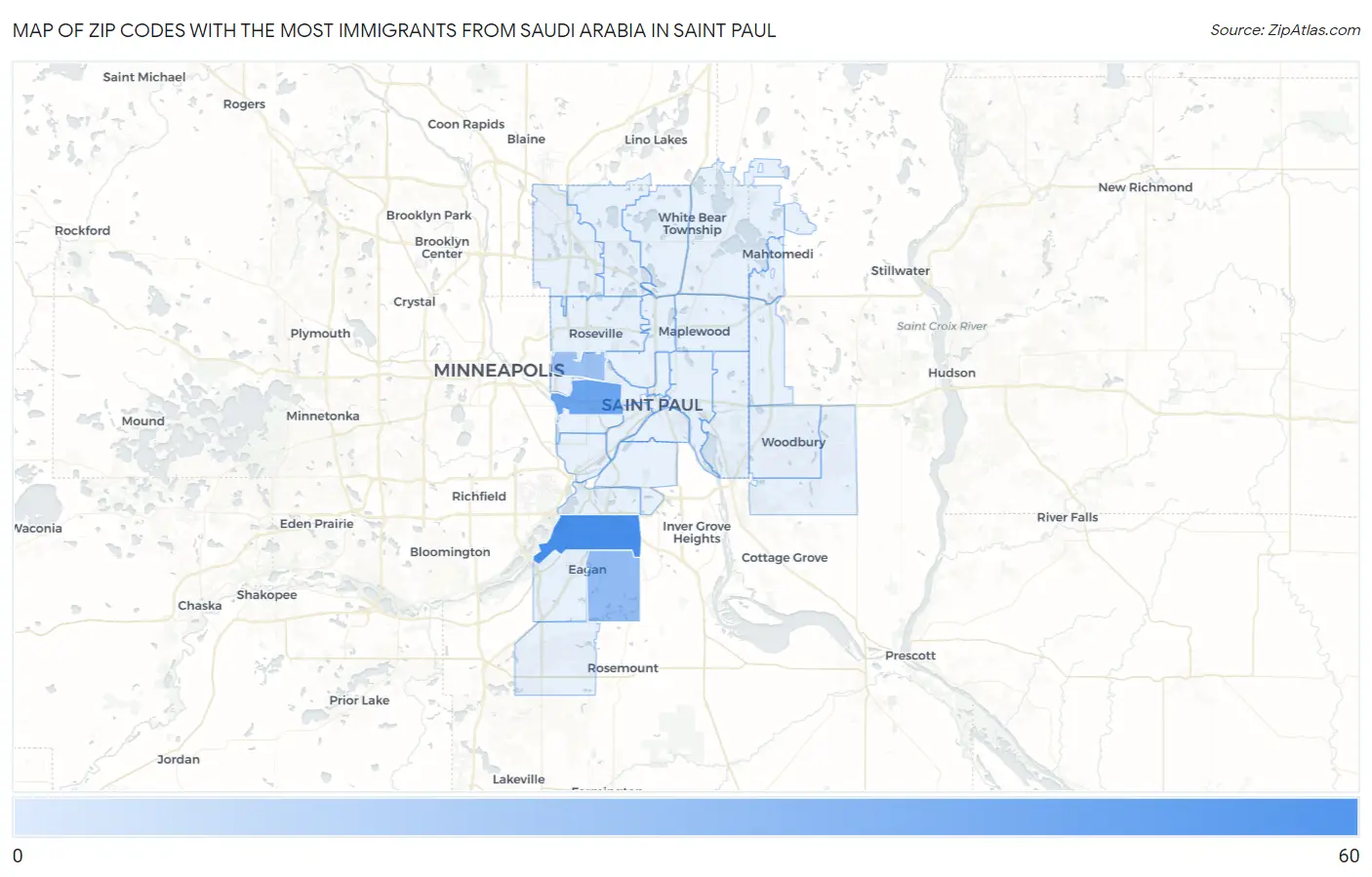 Zip Codes with the Most Immigrants from Saudi Arabia in Saint Paul Map