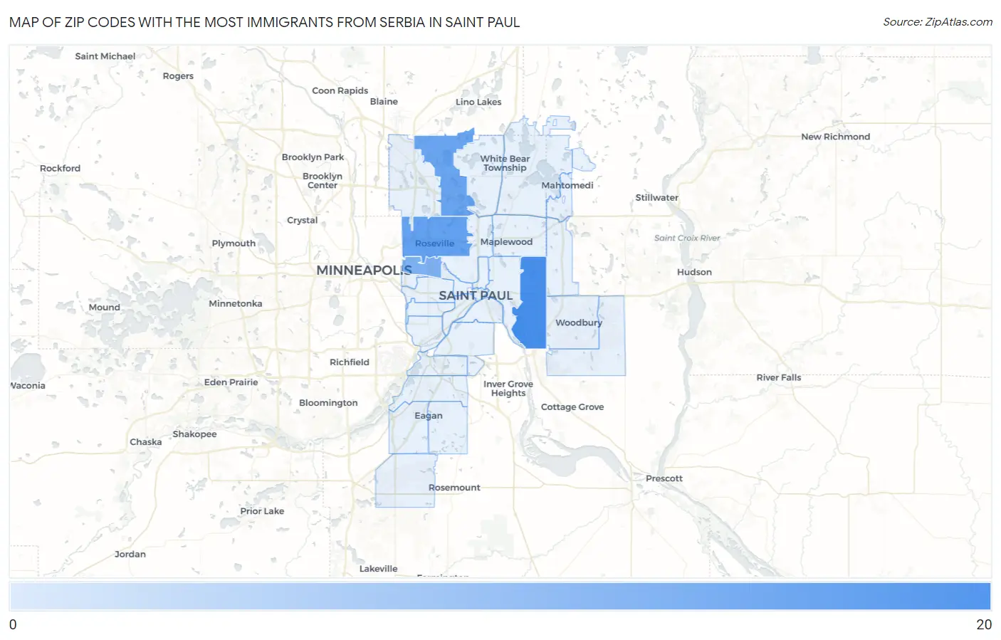 Zip Codes with the Most Immigrants from Serbia in Saint Paul Map