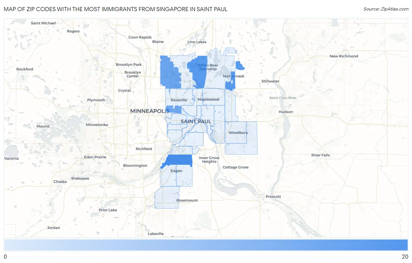 Zip Codes with the Most Immigrants from Singapore in Saint Paul Map