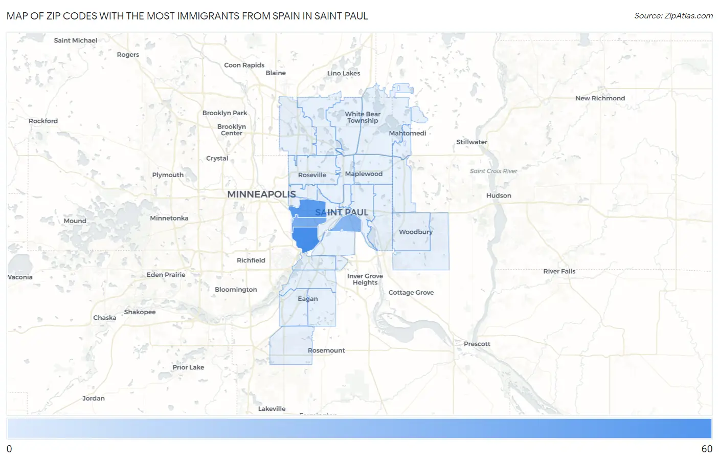 Zip Codes with the Most Immigrants from Spain in Saint Paul Map