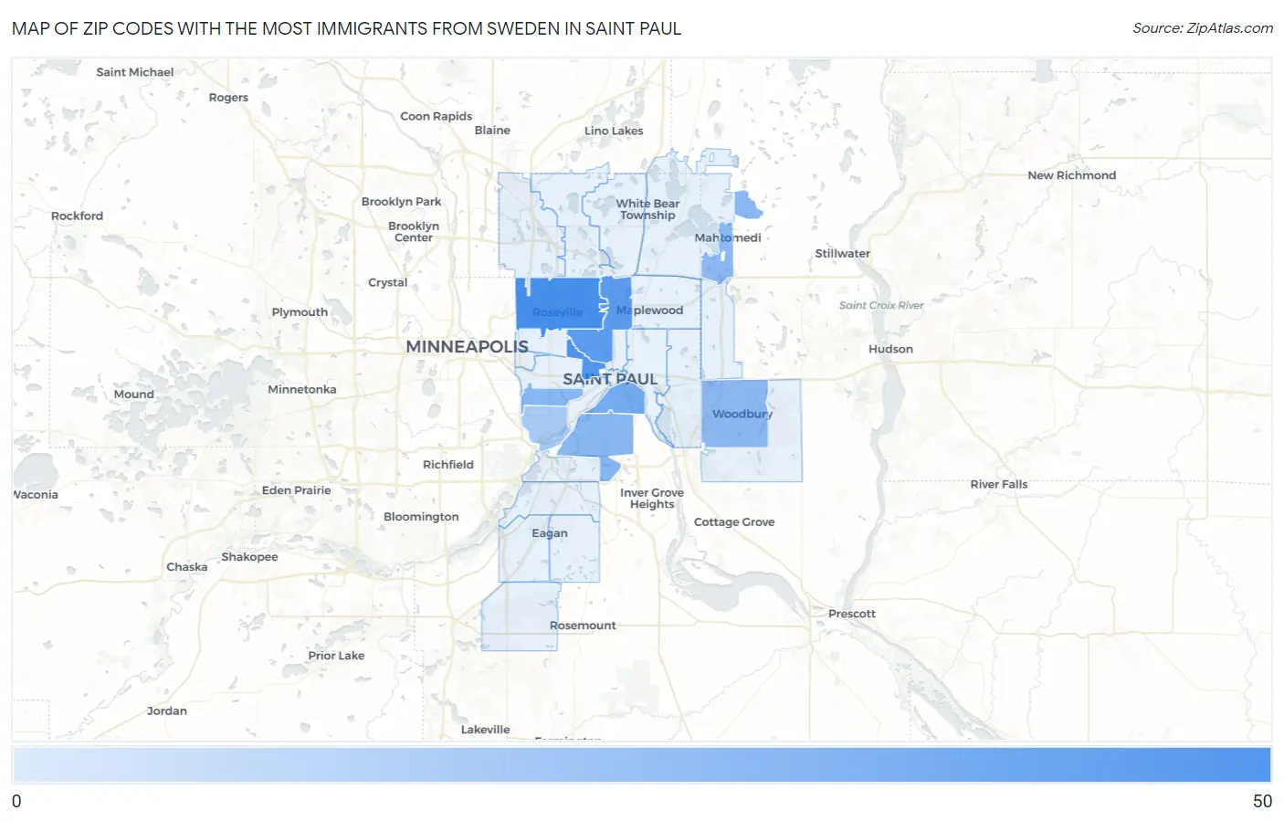 Zip Codes with the Most Immigrants from Sweden in Saint Paul Map