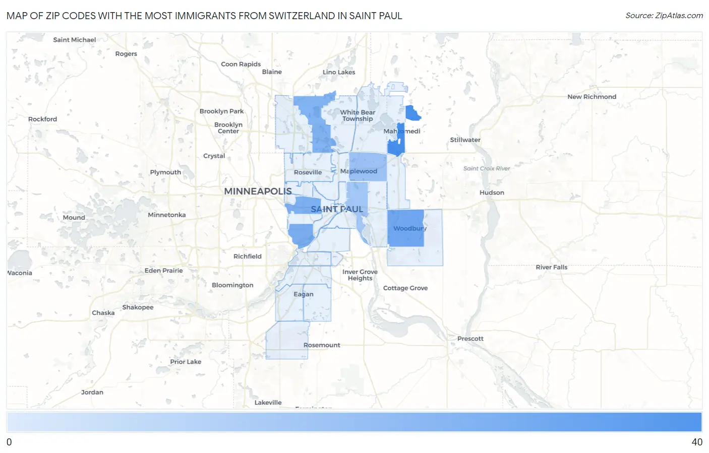 Zip Codes with the Most Immigrants from Switzerland in Saint Paul Map