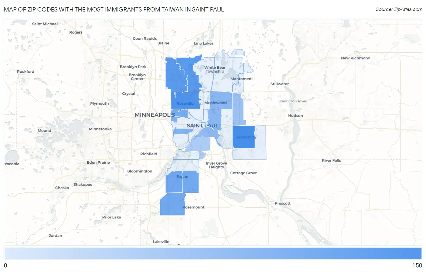Zip Codes with the Most Immigrants from Taiwan in Saint Paul Map