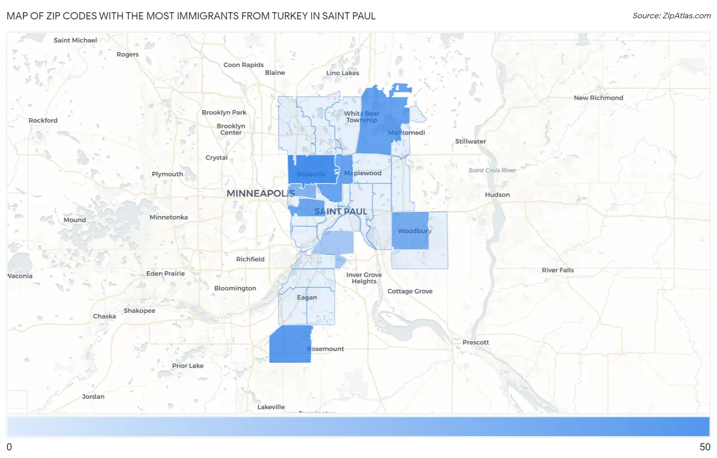 Zip Codes with the Most Immigrants from Turkey in Saint Paul Map