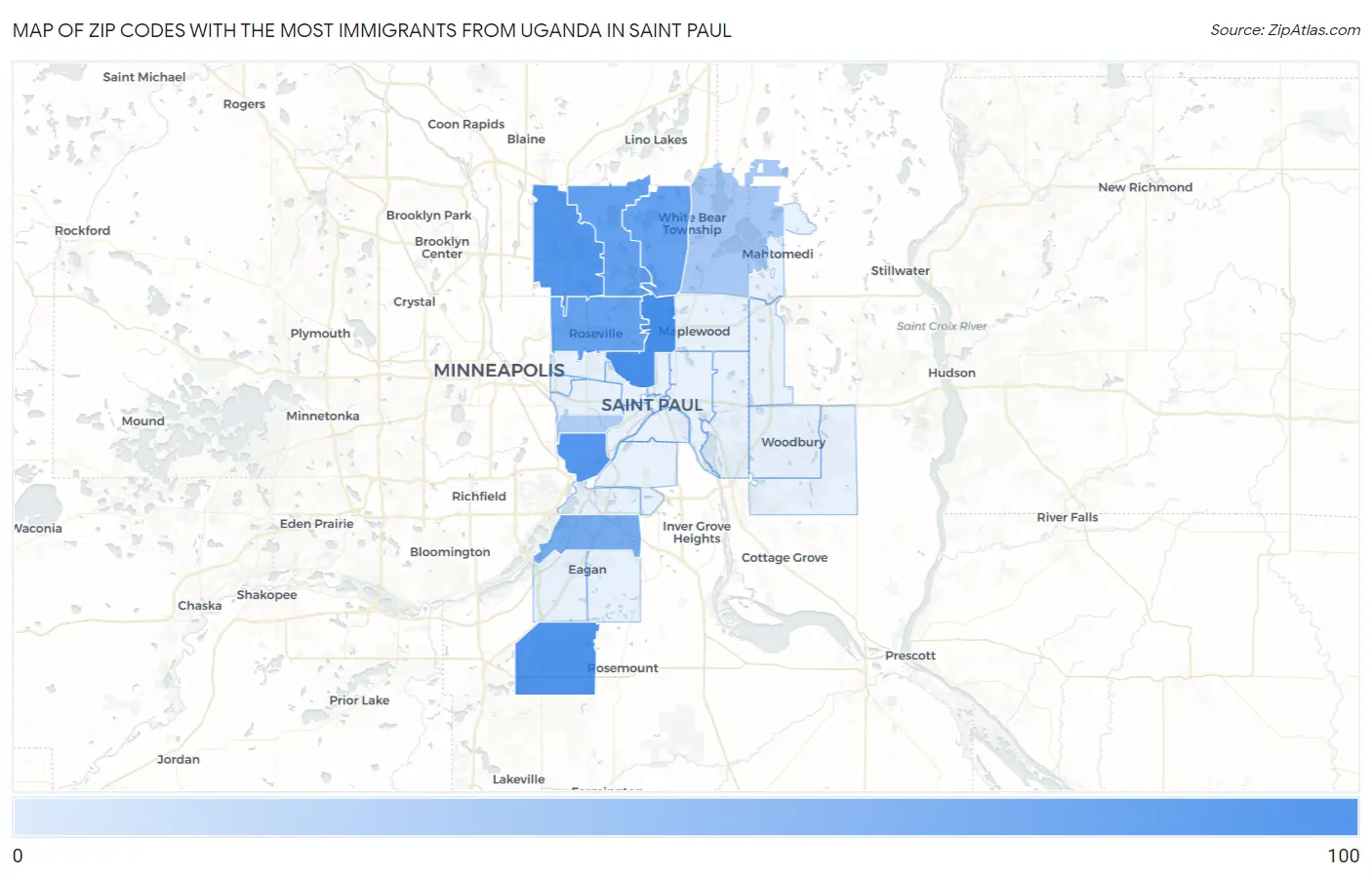 Zip Codes with the Most Immigrants from Uganda in Saint Paul Map