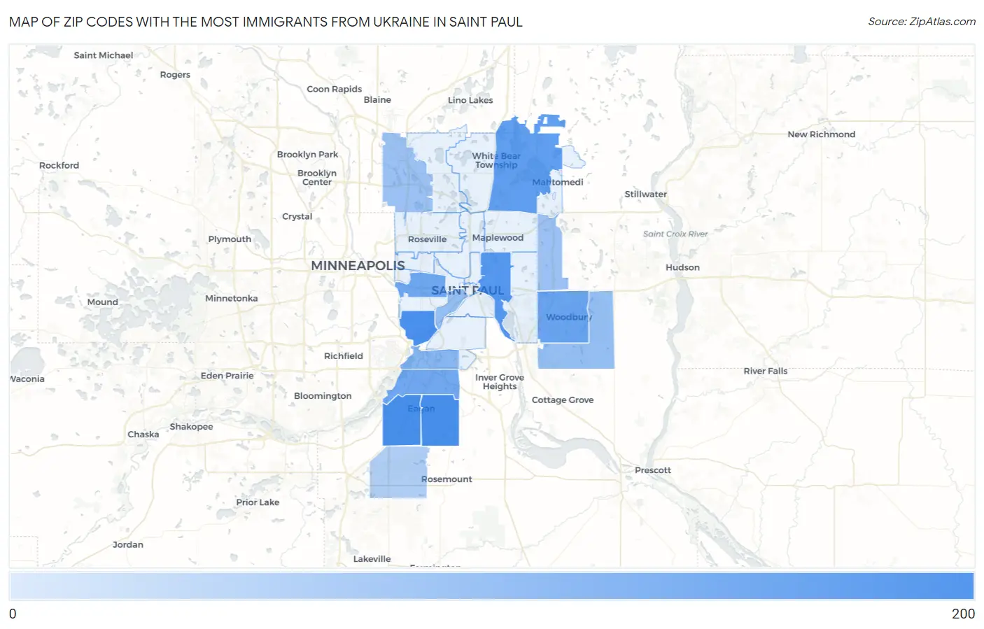 Zip Codes with the Most Immigrants from Ukraine in Saint Paul Map