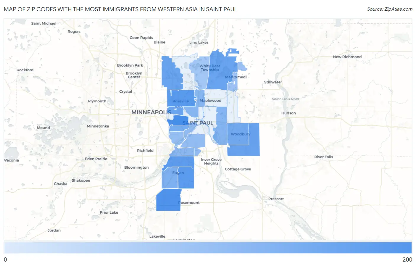 Zip Codes with the Most Immigrants from Western Asia in Saint Paul Map