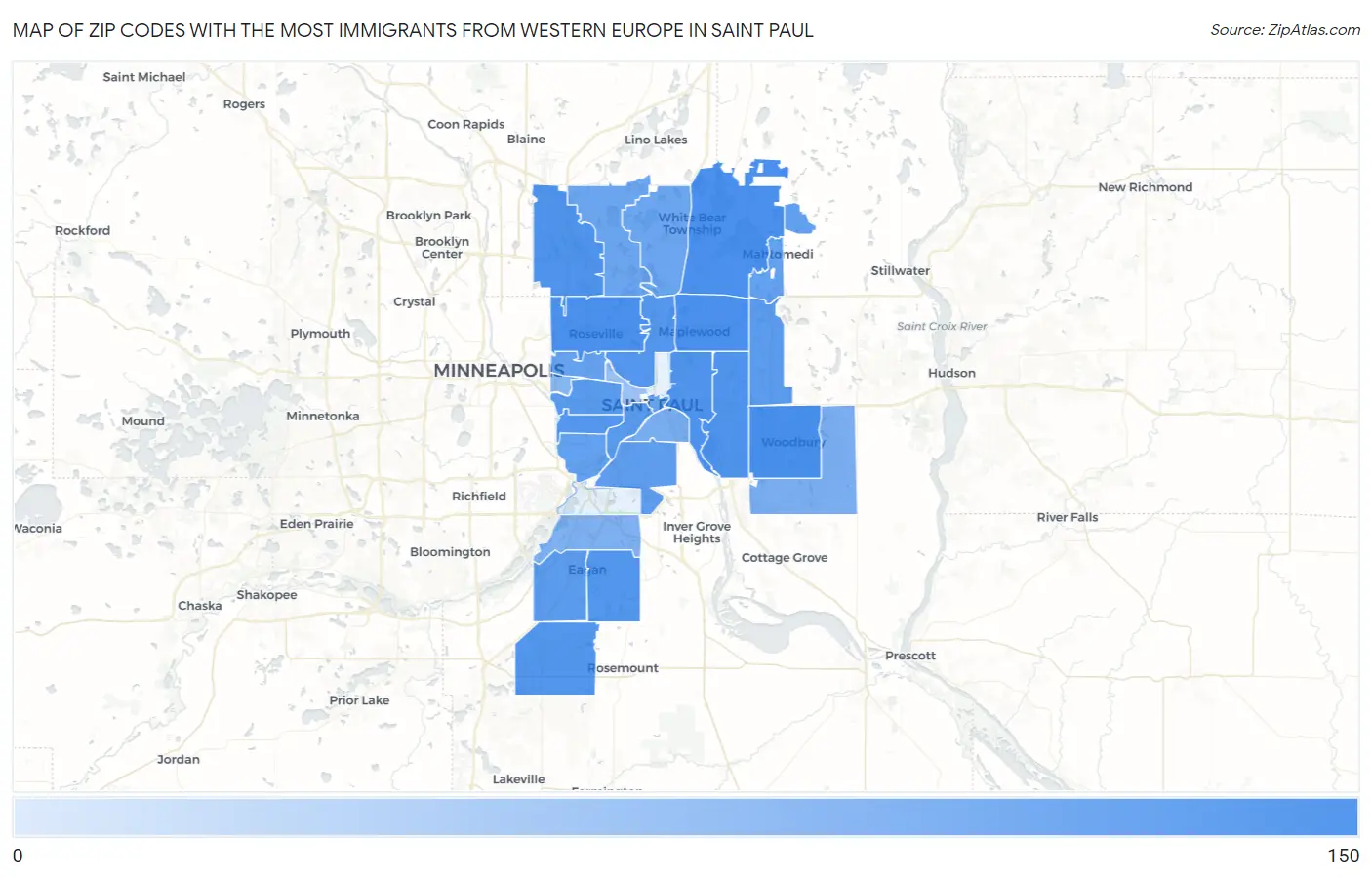 Zip Codes with the Most Immigrants from Western Europe in Saint Paul Map