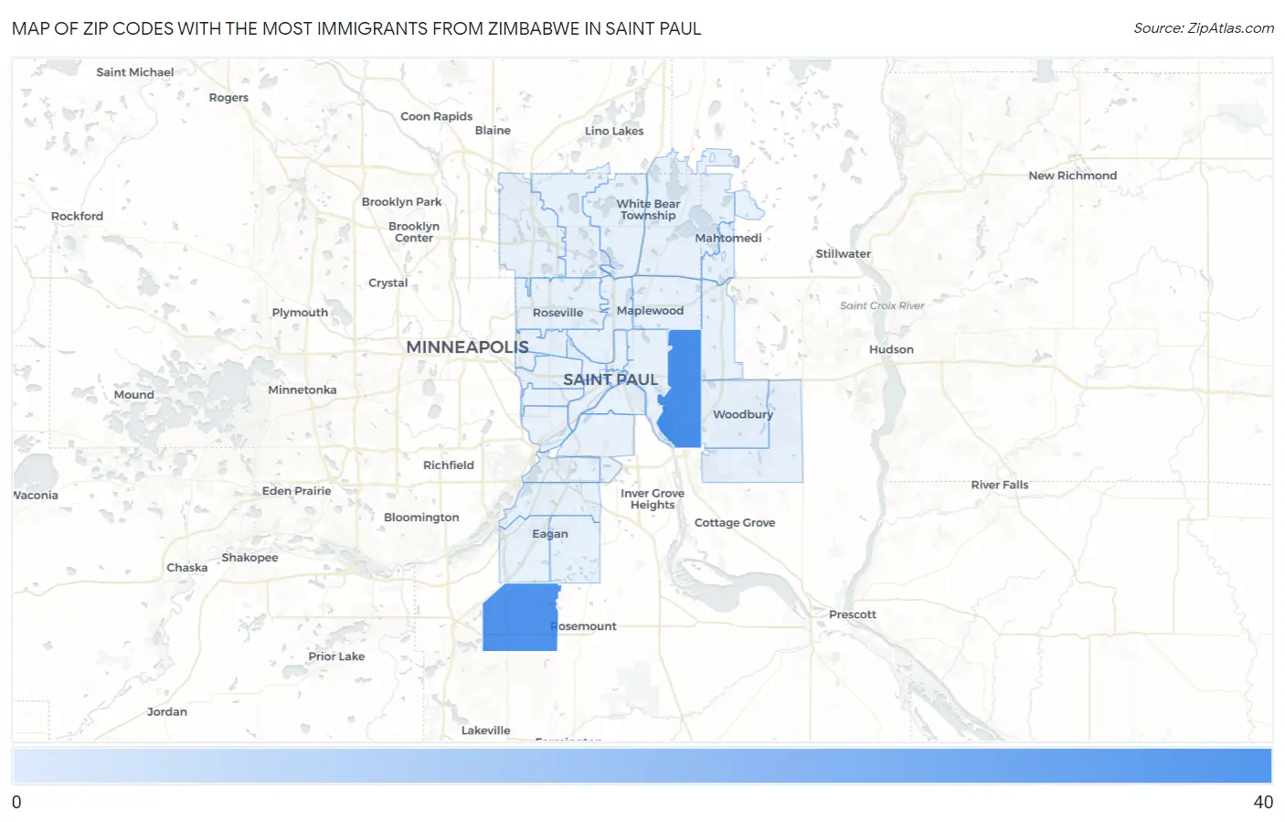 Zip Codes with the Most Immigrants from Zimbabwe in Saint Paul Map