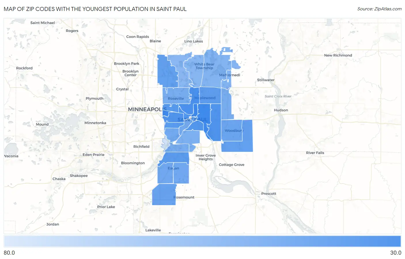 Zip Codes with the Youngest Population in Saint Paul Map