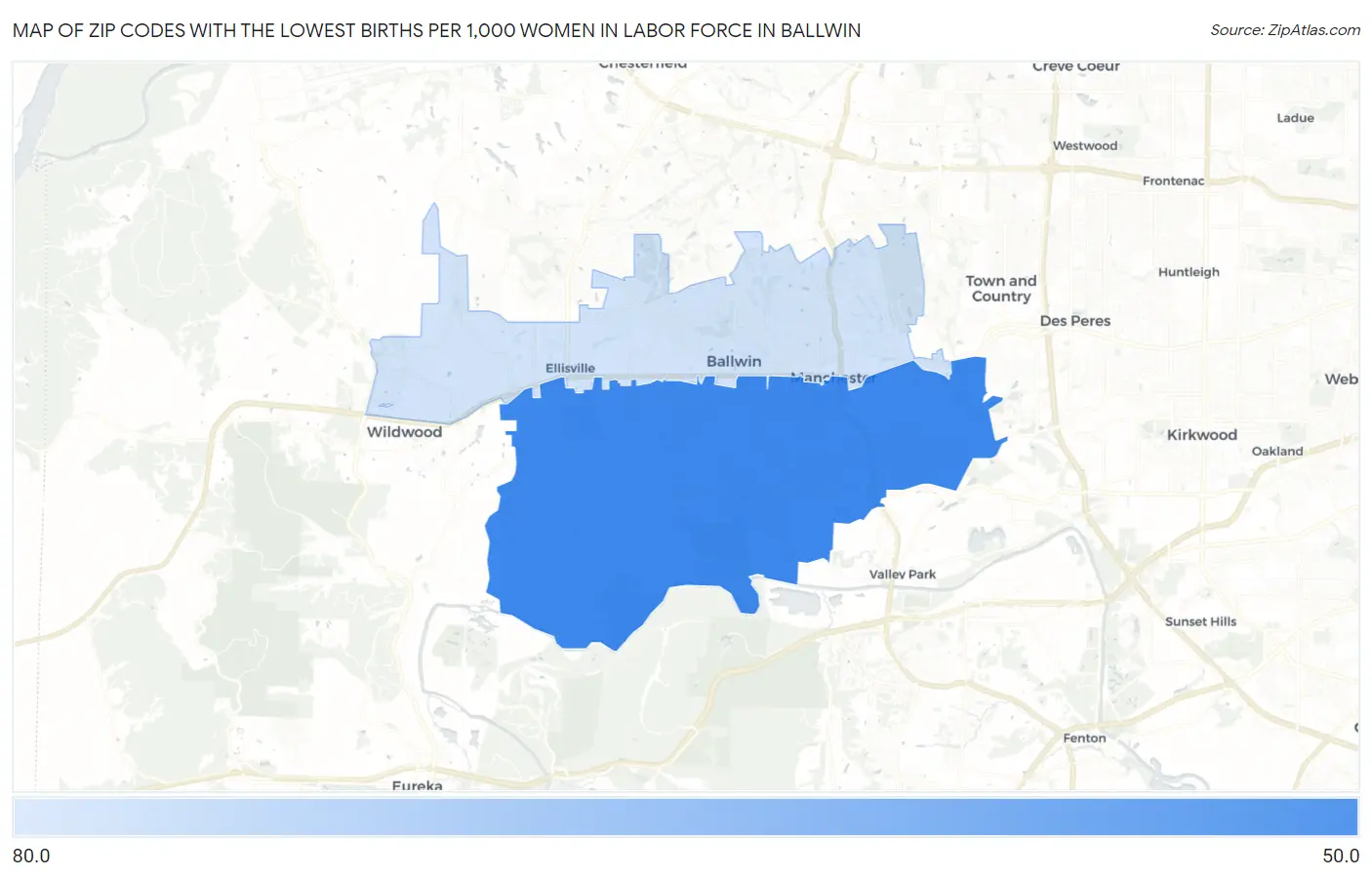 Zip Codes with the Lowest Births per 1,000 Women in Labor Force in Ballwin Map