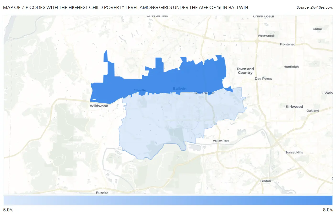 Zip Codes with the Highest Child Poverty Level Among Girls Under the Age of 16 in Ballwin Map