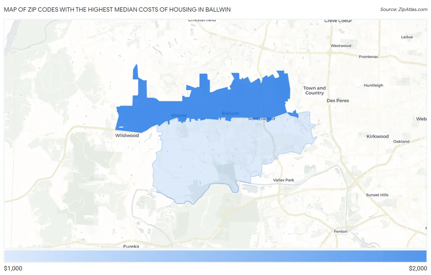Zip Codes with the Highest Median Costs of Housing in Ballwin Map