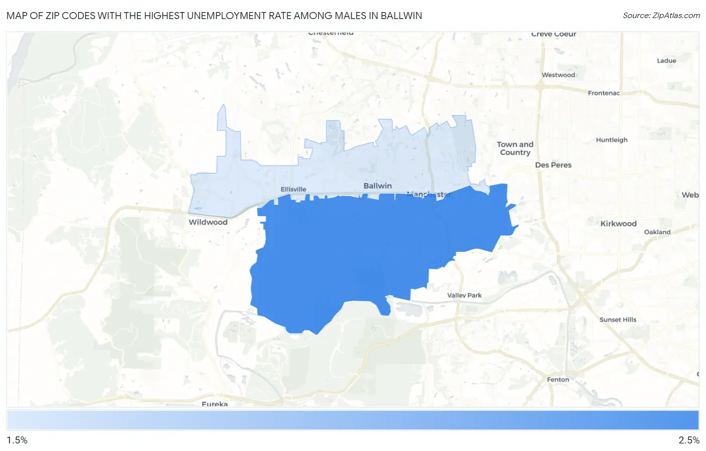 Zip Codes with the Highest Unemployment Rate Among Males in Ballwin Map