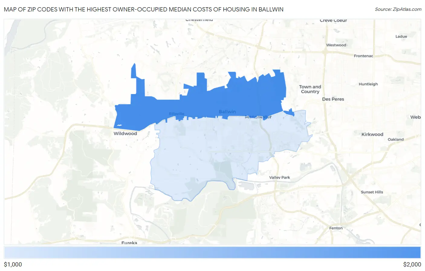 Zip Codes with the Highest Owner-Occupied Median Costs of Housing in Ballwin Map