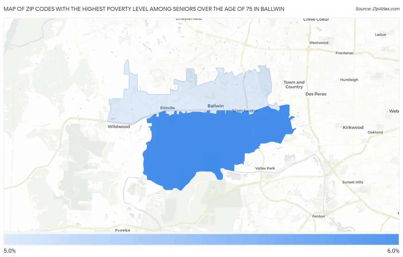 Zip Codes with the Highest Poverty Level Among Seniors Over the Age of 75 in Ballwin Map