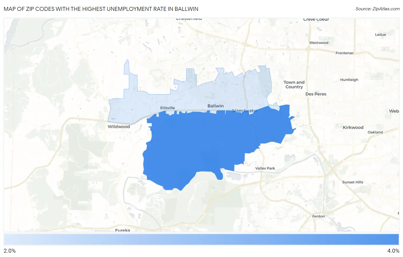 Zip Codes with the Highest Unemployment Rate in Ballwin Map