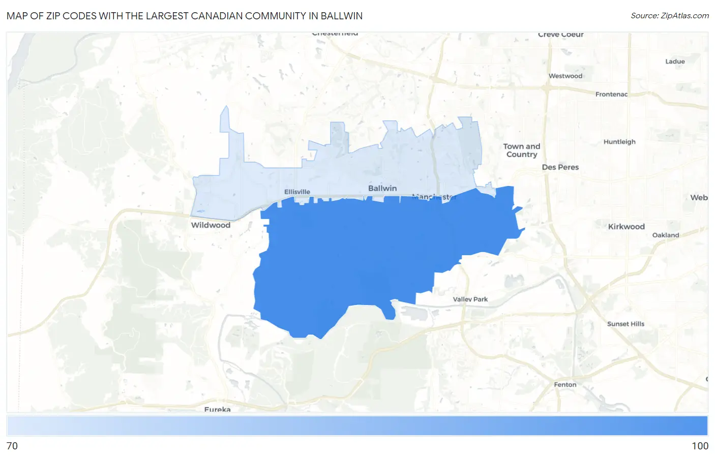Zip Codes with the Largest Canadian Community in Ballwin Map