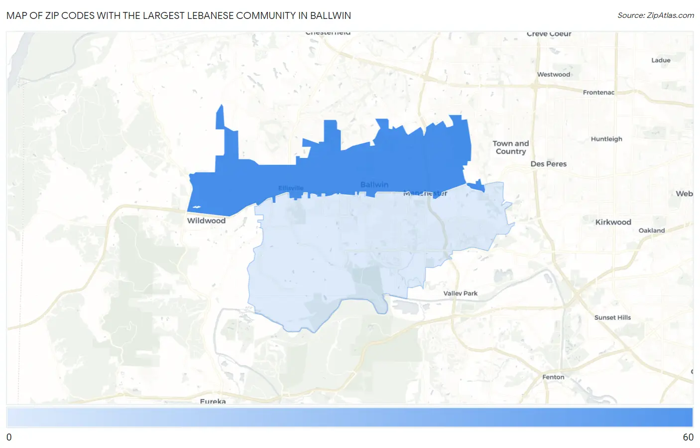 Zip Codes with the Largest Lebanese Community in Ballwin Map