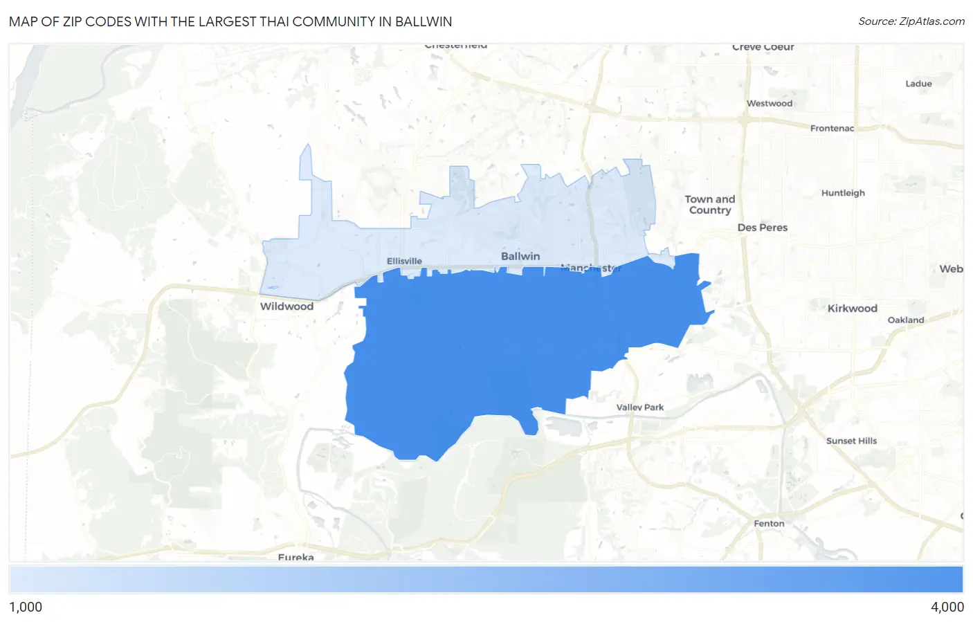 Zip Codes with the Largest Thai Community in Ballwin Map