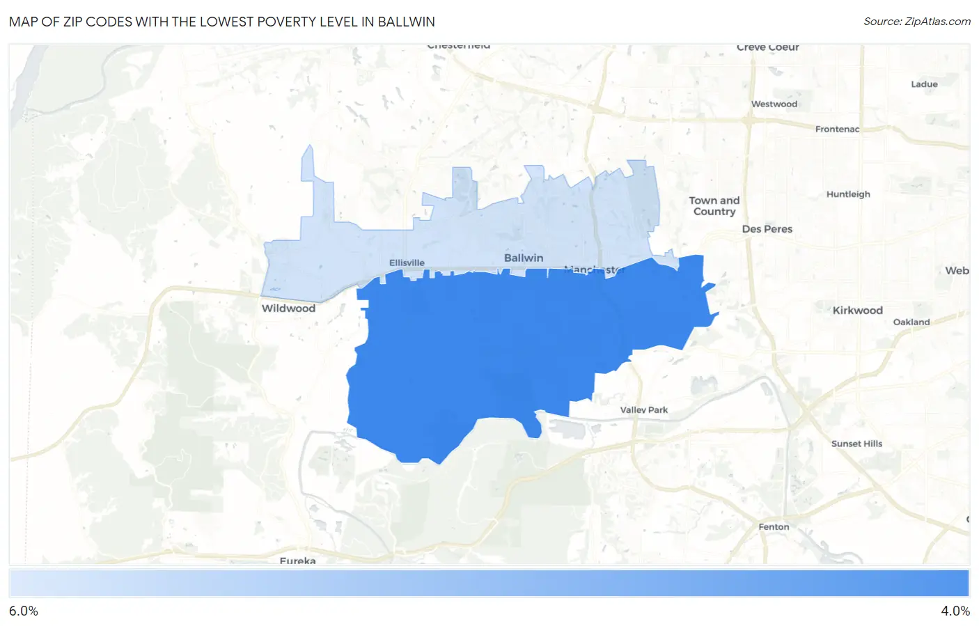 Zip Codes with the Lowest Poverty Level in Ballwin Map