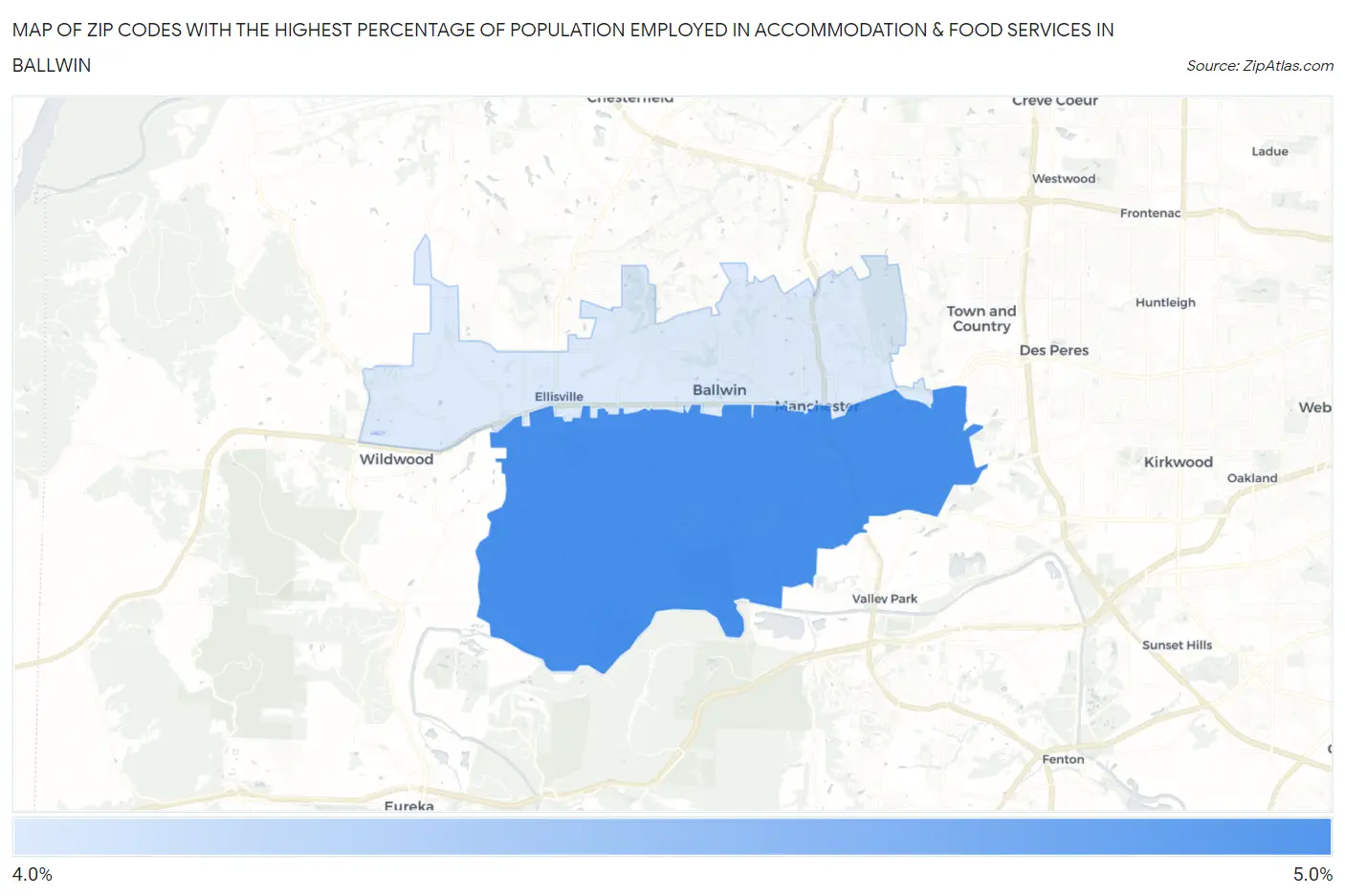 Zip Codes with the Highest Percentage of Population Employed in Accommodation & Food Services in Ballwin Map