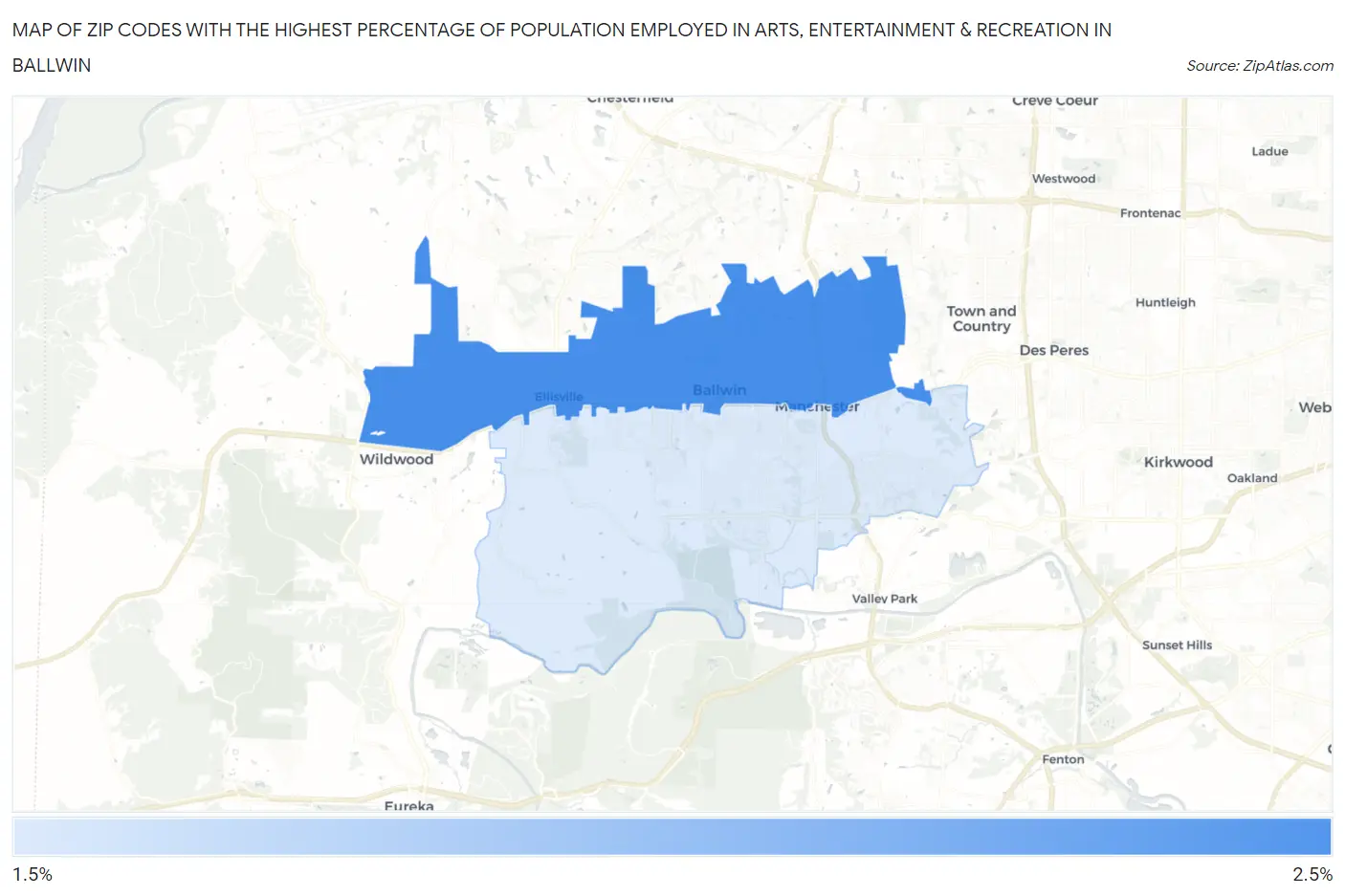 Zip Codes with the Highest Percentage of Population Employed in Arts, Entertainment & Recreation in Ballwin Map