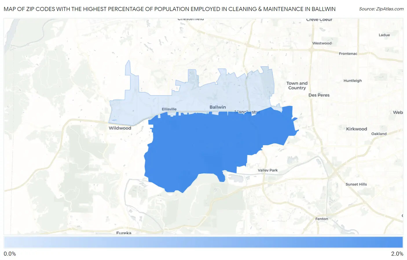 Zip Codes with the Highest Percentage of Population Employed in Cleaning & Maintenance in Ballwin Map