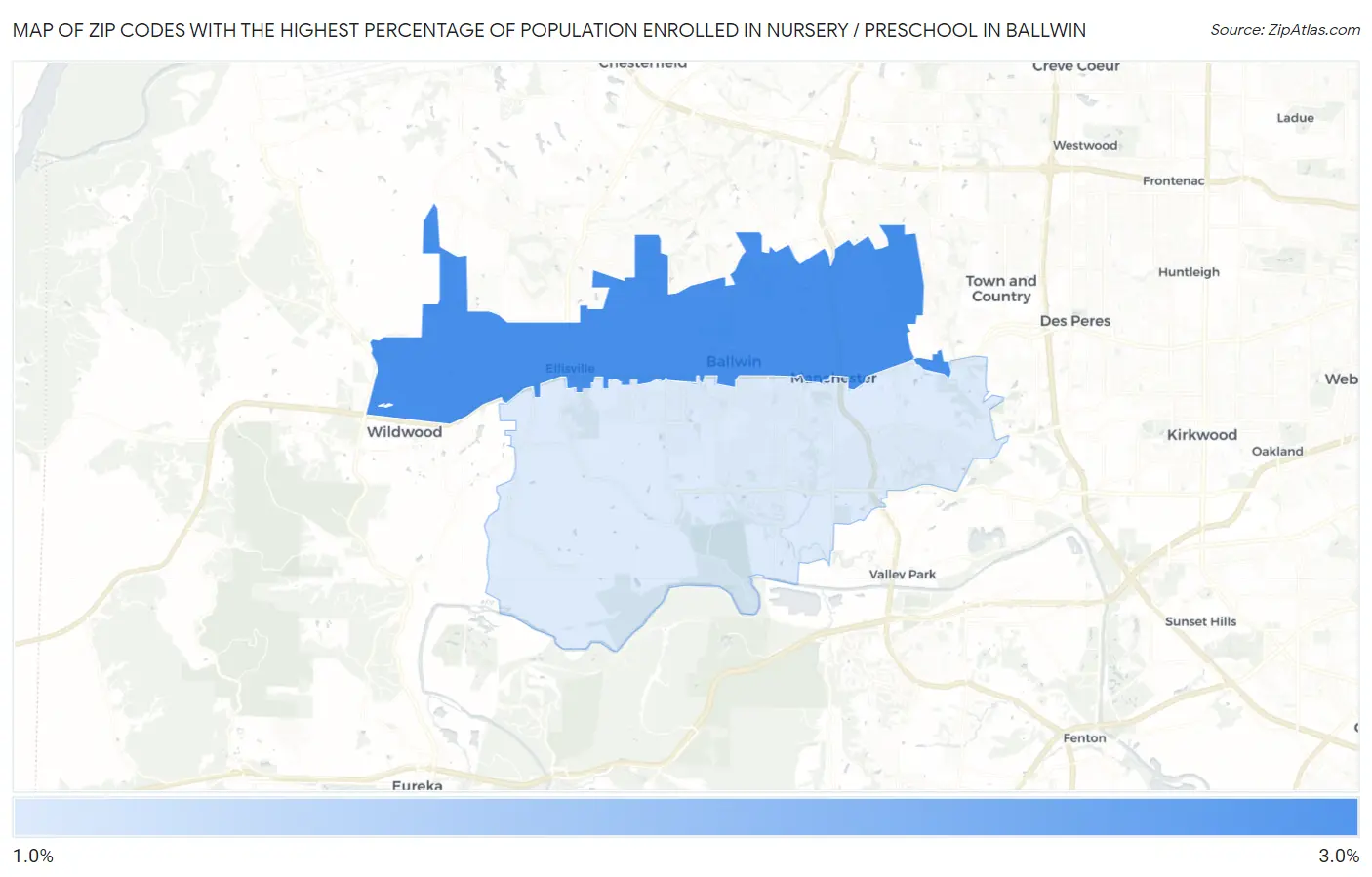 Zip Codes with the Highest Percentage of Population Enrolled in Nursery / Preschool in Ballwin Map