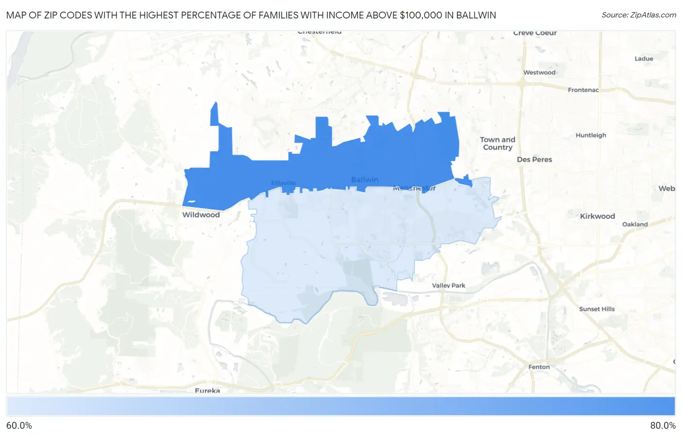 Zip Codes with the Highest Percentage of Families with Income Above $100,000 in Ballwin Map