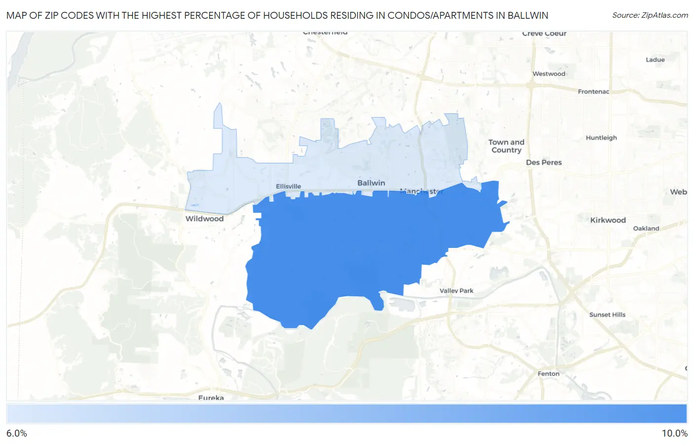 Zip Codes with the Highest Percentage of Households Residing in Condos/Apartments in Ballwin Map