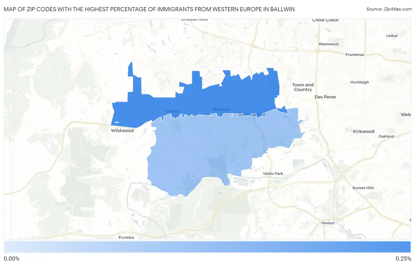 Zip Codes with the Highest Percentage of Immigrants from Western Europe in Ballwin Map