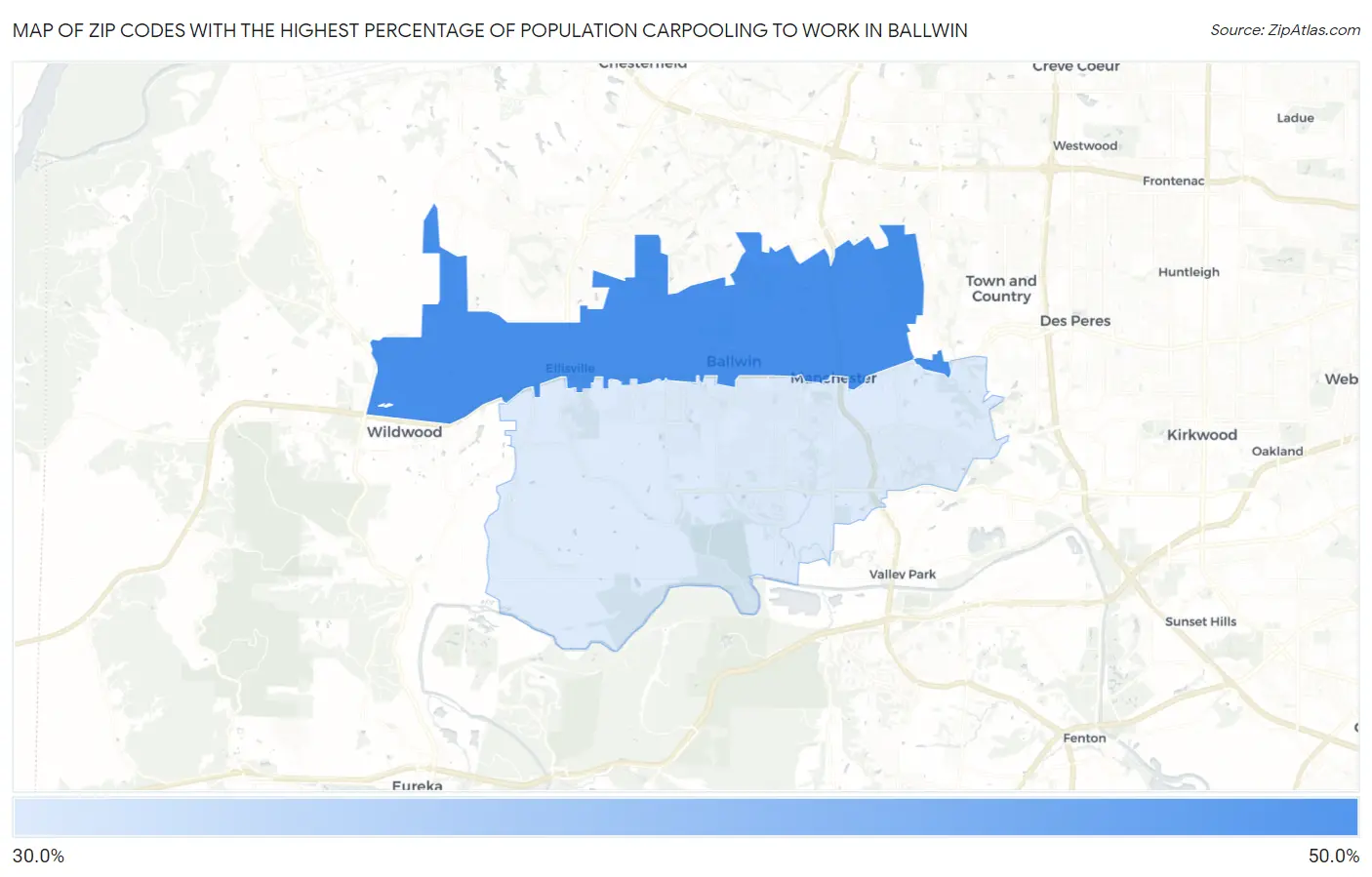 Zip Codes with the Highest Percentage of Population Carpooling to Work in Ballwin Map