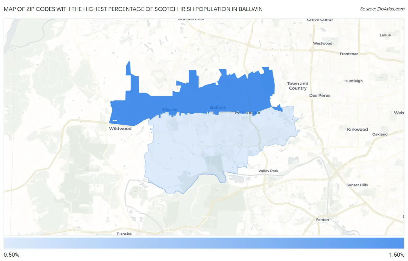Zip Codes with the Highest Percentage of Scotch-Irish Population in Ballwin Map