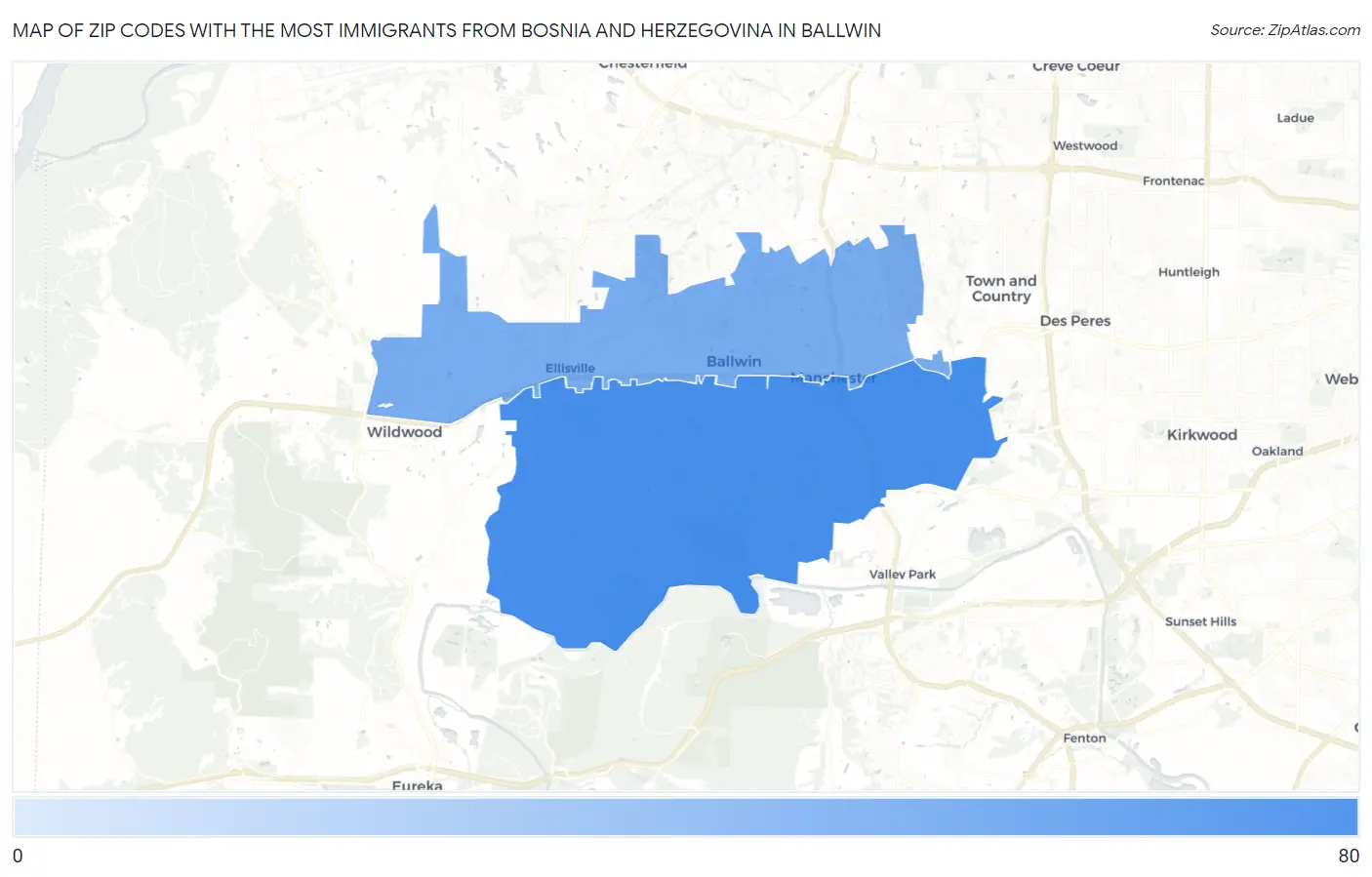 Zip Codes with the Most Immigrants from Bosnia and Herzegovina in Ballwin Map