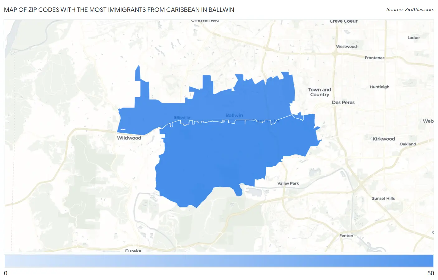 Zip Codes with the Most Immigrants from Caribbean in Ballwin Map