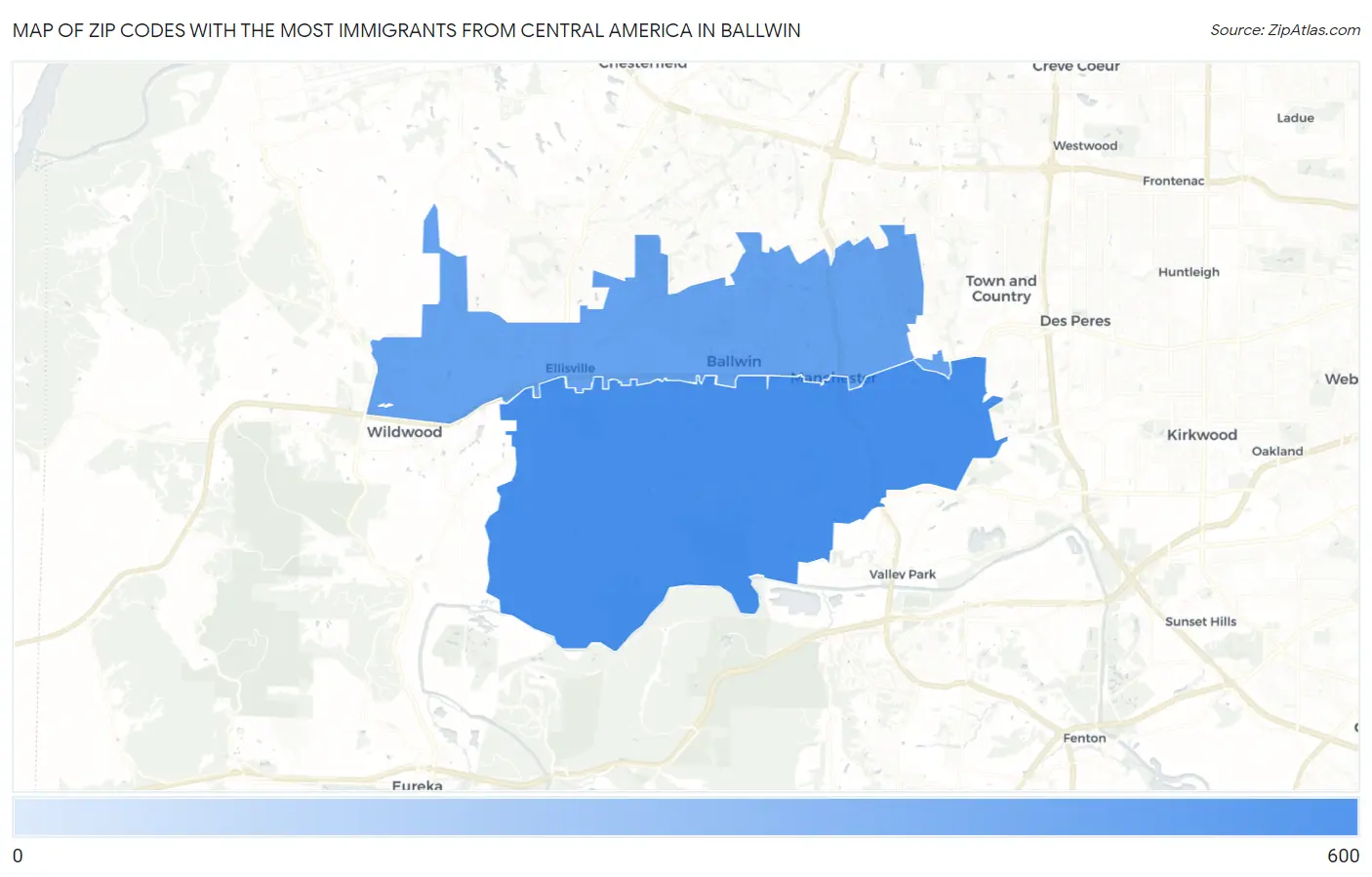 Zip Codes with the Most Immigrants from Central America in Ballwin Map