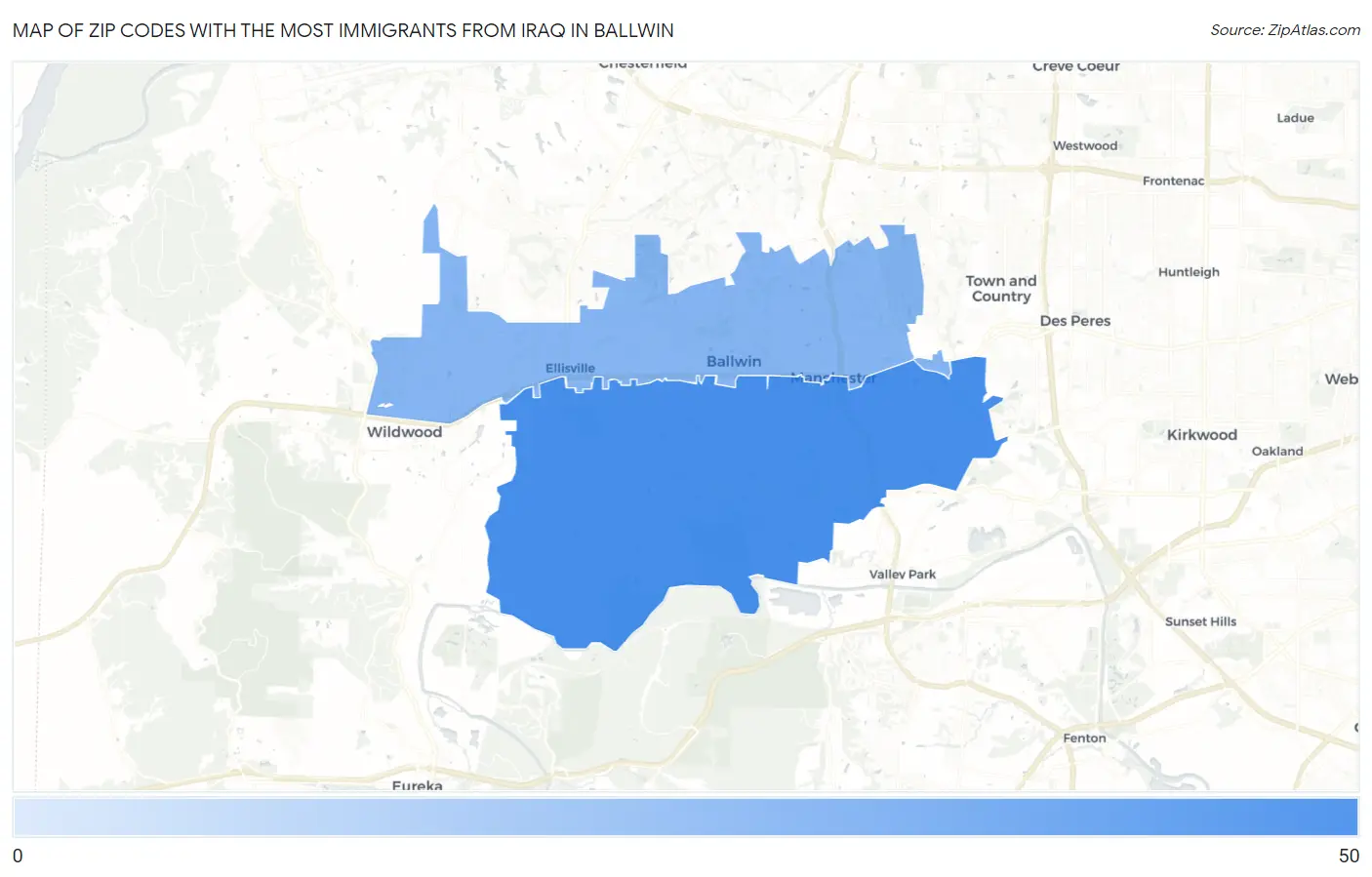 Zip Codes with the Most Immigrants from Iraq in Ballwin Map